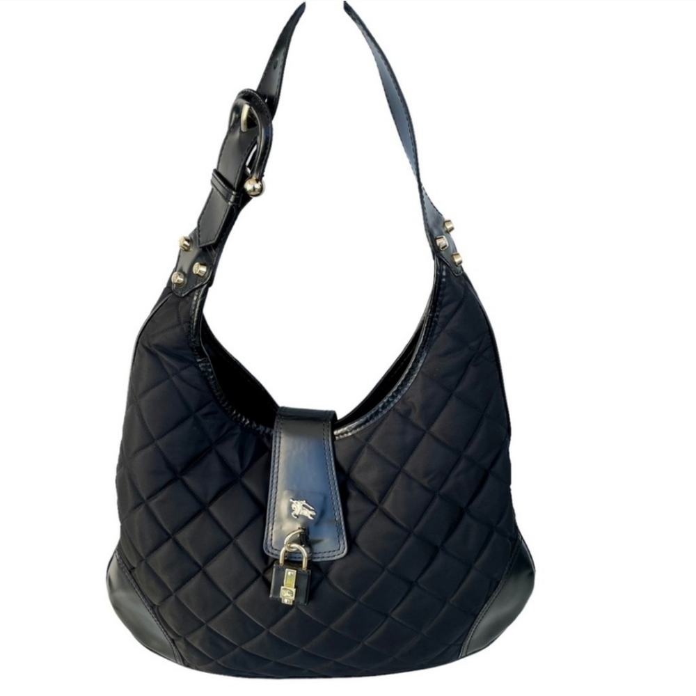 Burberry Black Brooke Fabric Quilted Leather Hobo Bag